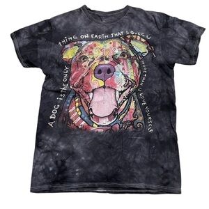 3D graphic tie dye t-shirt with colorful pit bull and a written phrase. Size MED
